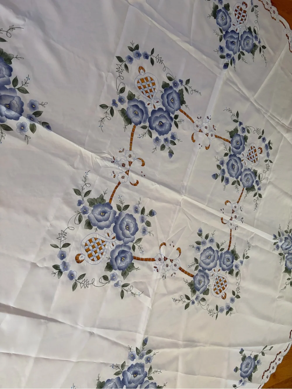 Blue Floral Embroidered Round Tablecloth - Unbranded, 68